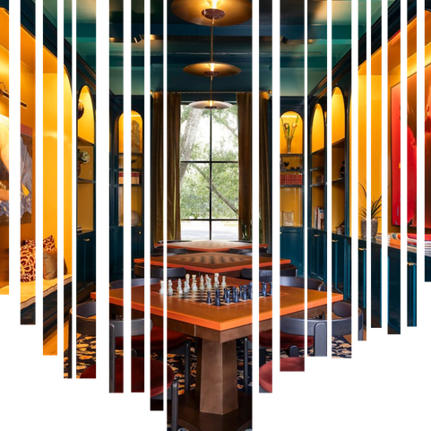 Boutique hotel scene — slatted composition